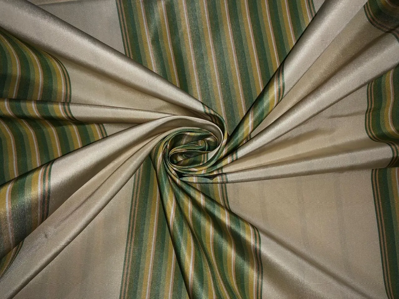 100% Silk Taffeta Fabric shades of green,gold and cream Stripes TAFS161[1] 54&quot; wide