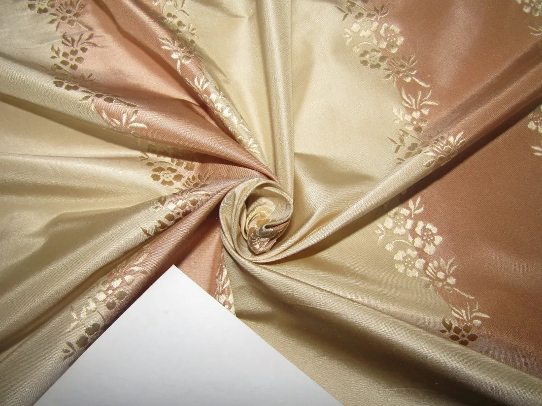 100% Silk Taffeta Jacquard Fabric Floral & Stripes 54"~wide available in four colors salmon and gold ,light olive and gold , pastel dusty salmon and gold ,pastel green and nude pink .