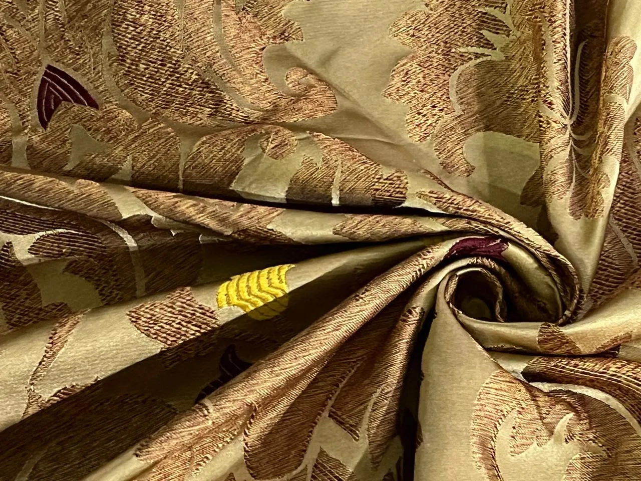 100% Silk Taffeta Jacquard Fabric  REVERSABLE one side floral gold  with yellow gold and wine stripes and other side floral gold with hints of wine TAFJACNEW18