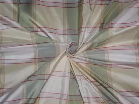 100%Pure Silk Taffeta Plaid Fabric Green Red x Cream Cut Length 2 yard