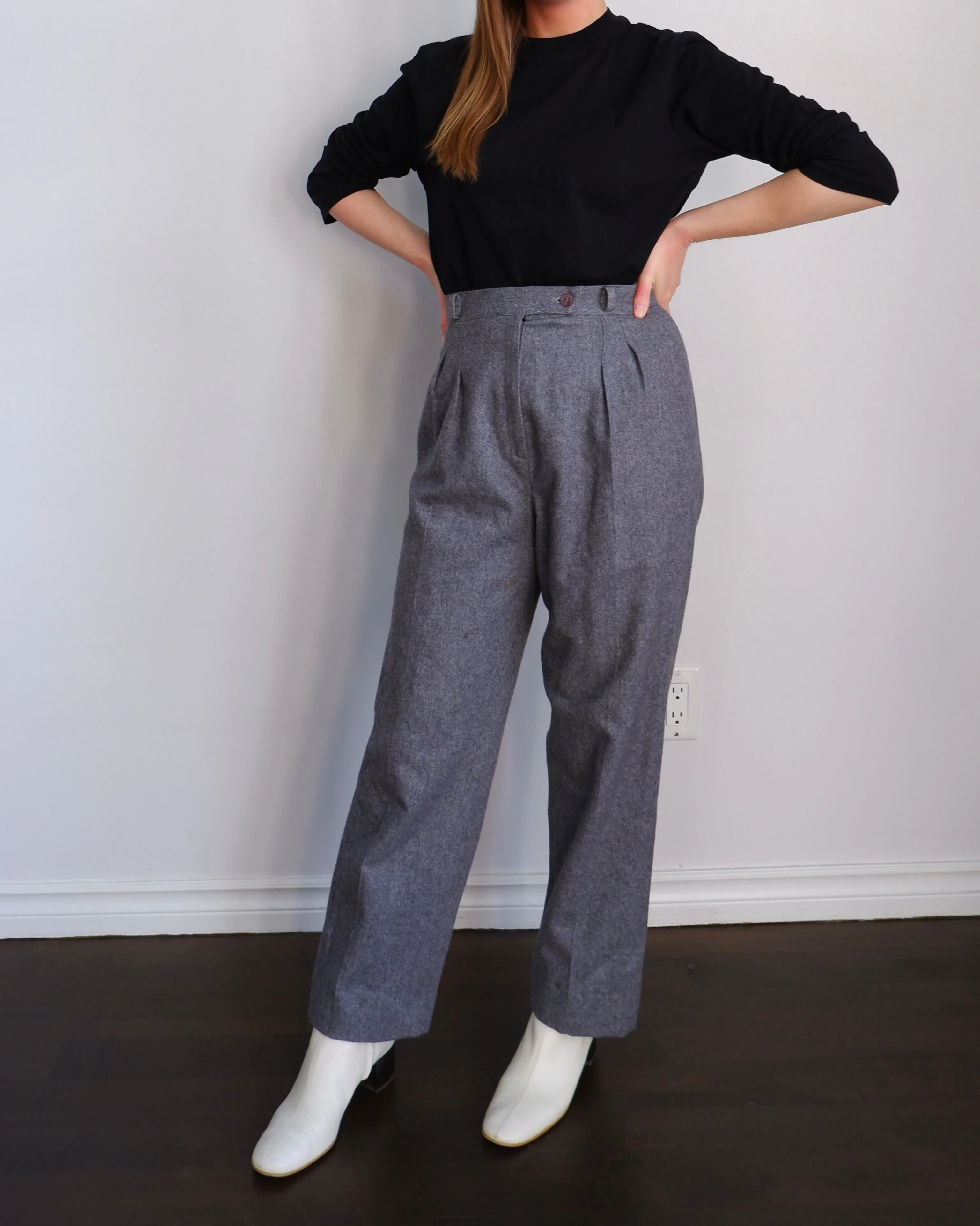 70s Charcoal Wool Pleated Straight Leg Trouser - 2