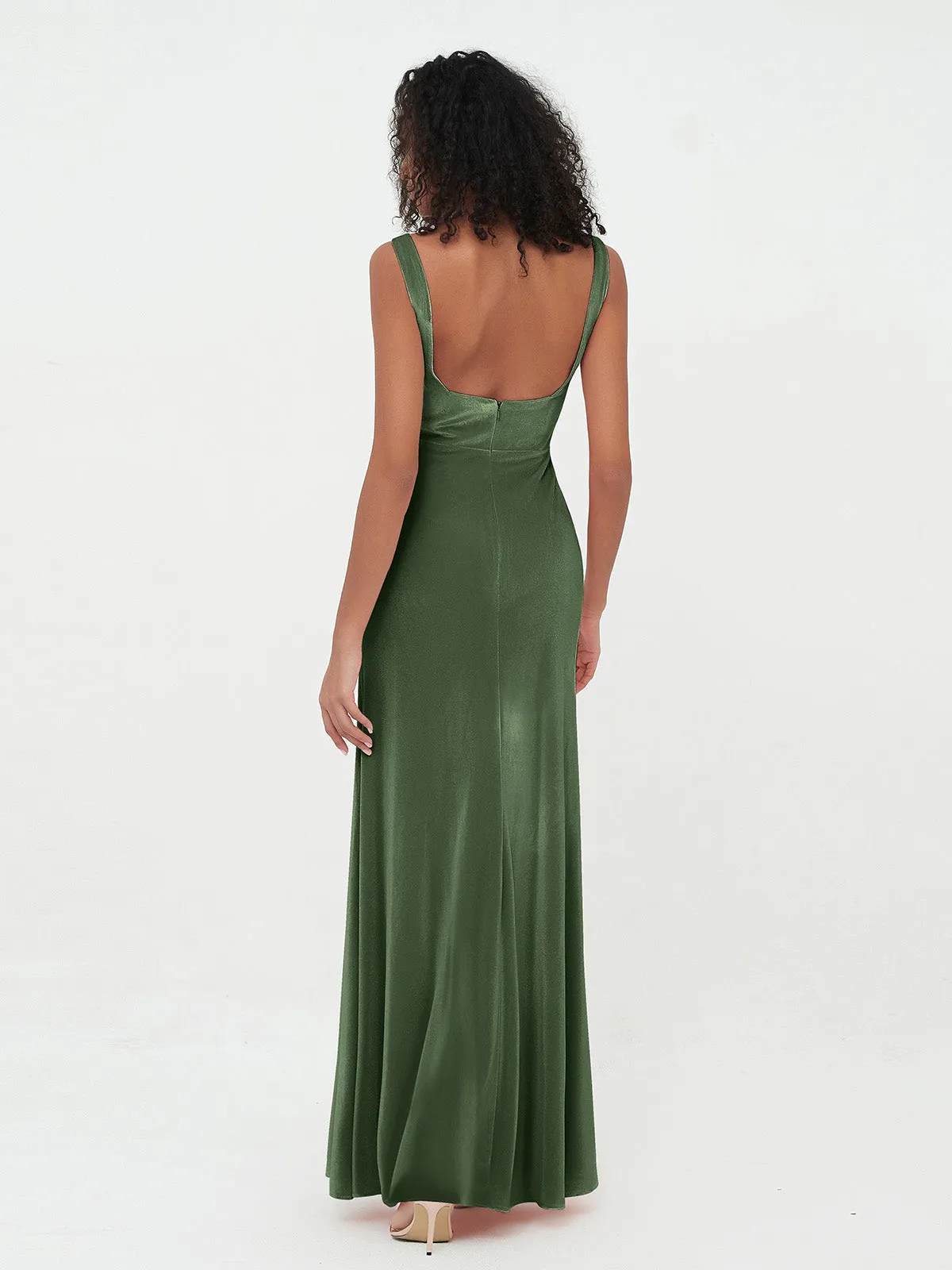 Bateau Neck Mermaid Long Velvet Dresses Olive Green