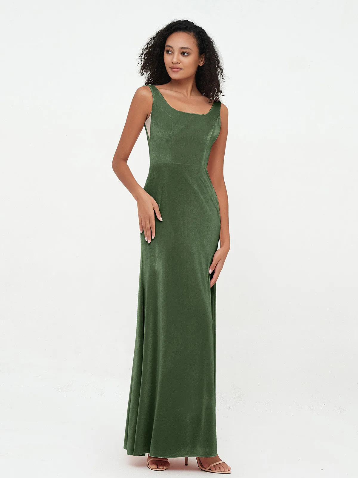 Bateau Neck Mermaid Long Velvet Dresses Olive Green