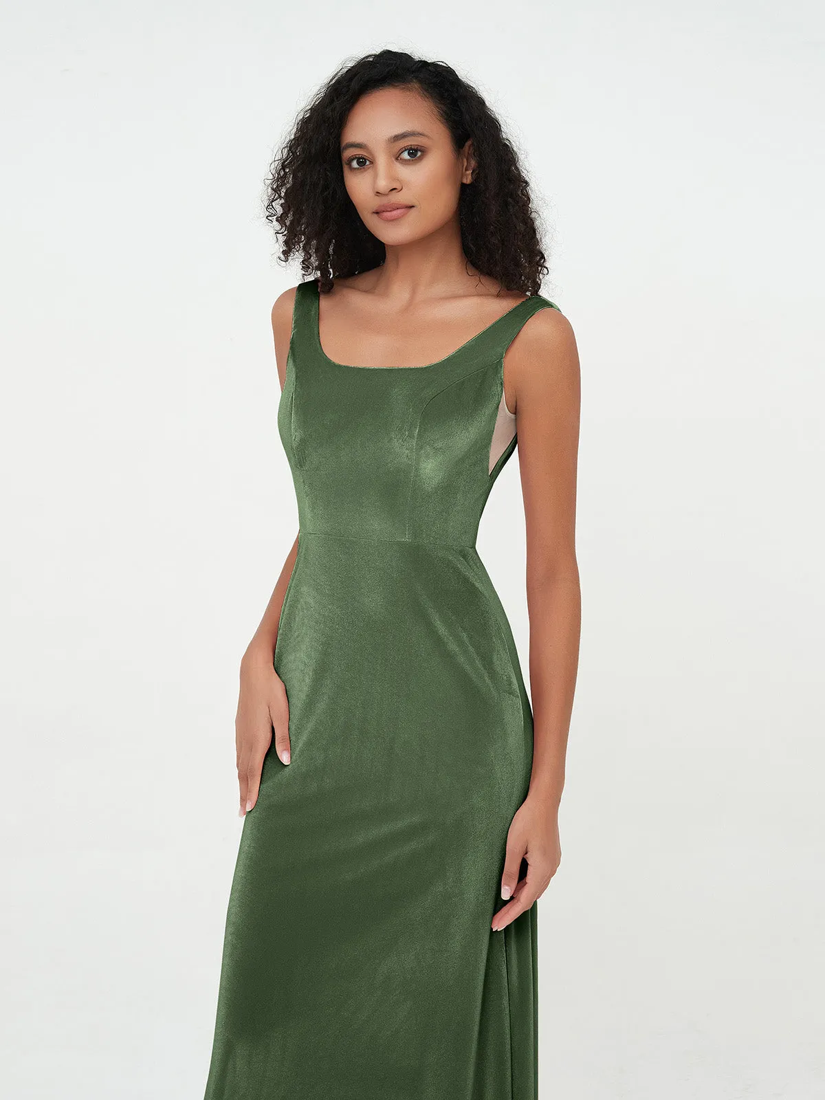 Bateau Neck Mermaid Long Velvet Dresses Olive Green