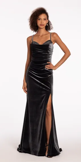 Beaded Sweetheart Velvet Trumpet Dress with Side Slit