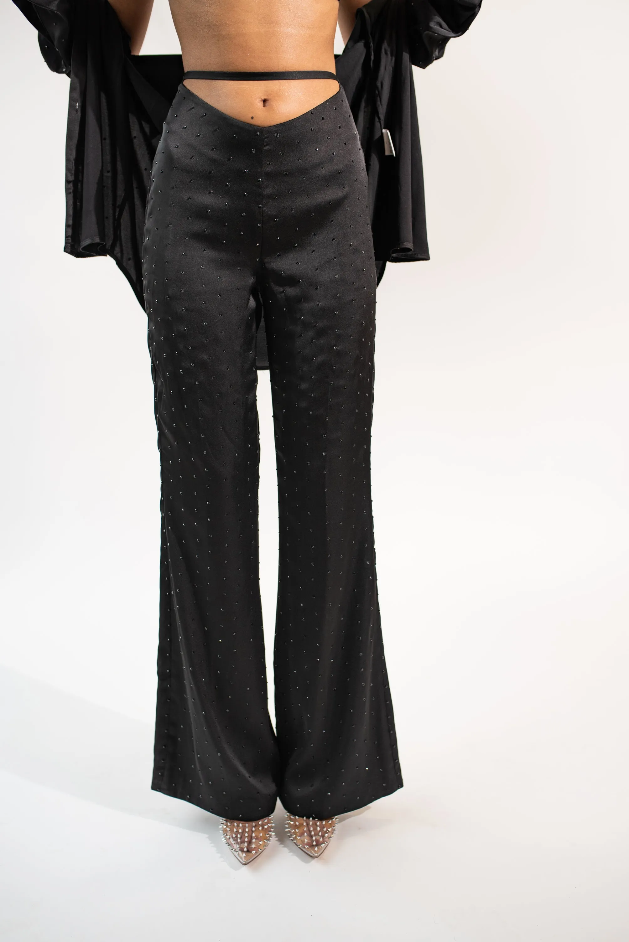 Bejewelled satin high-waisted trousers