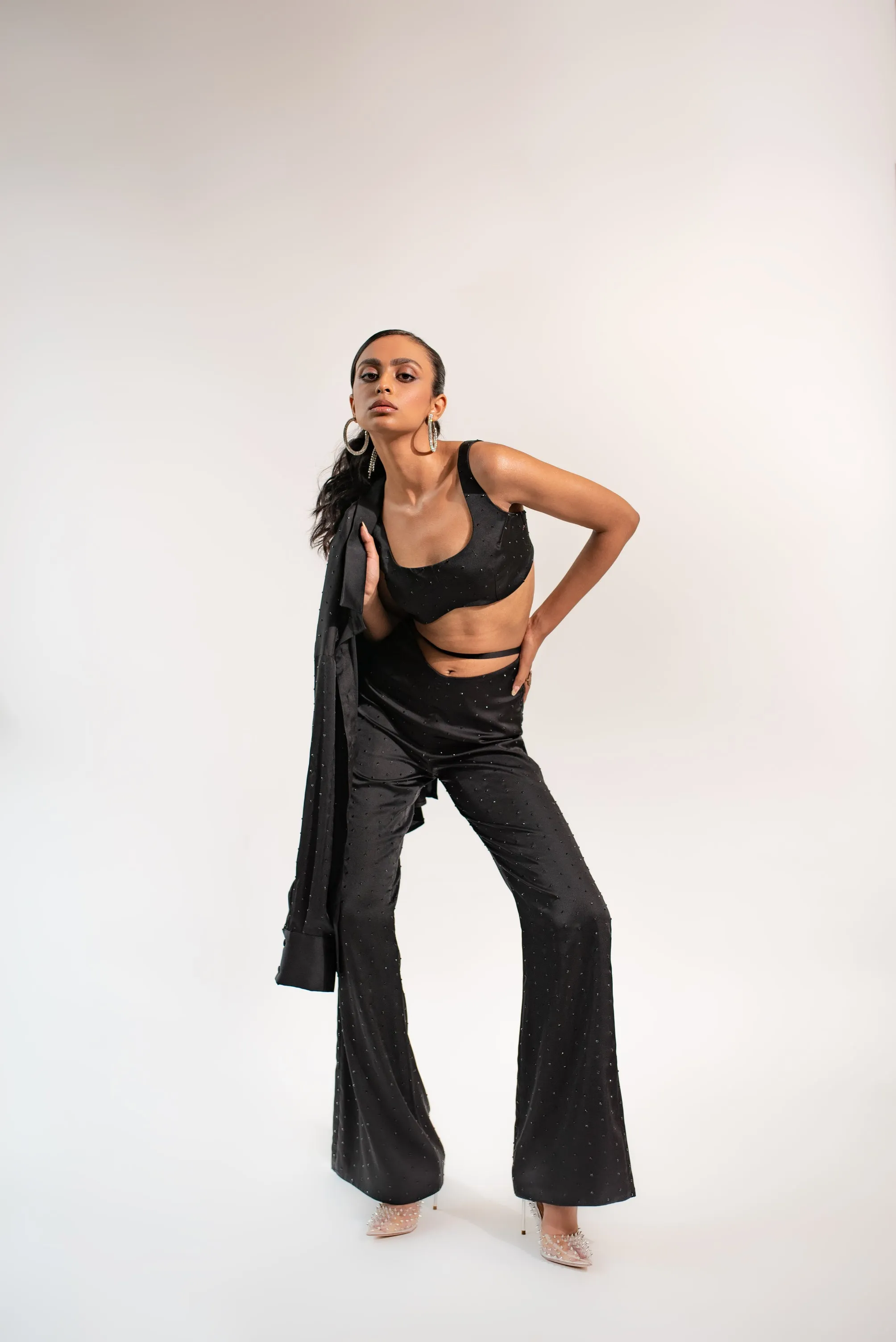 Bejewelled satin high-waisted trousers