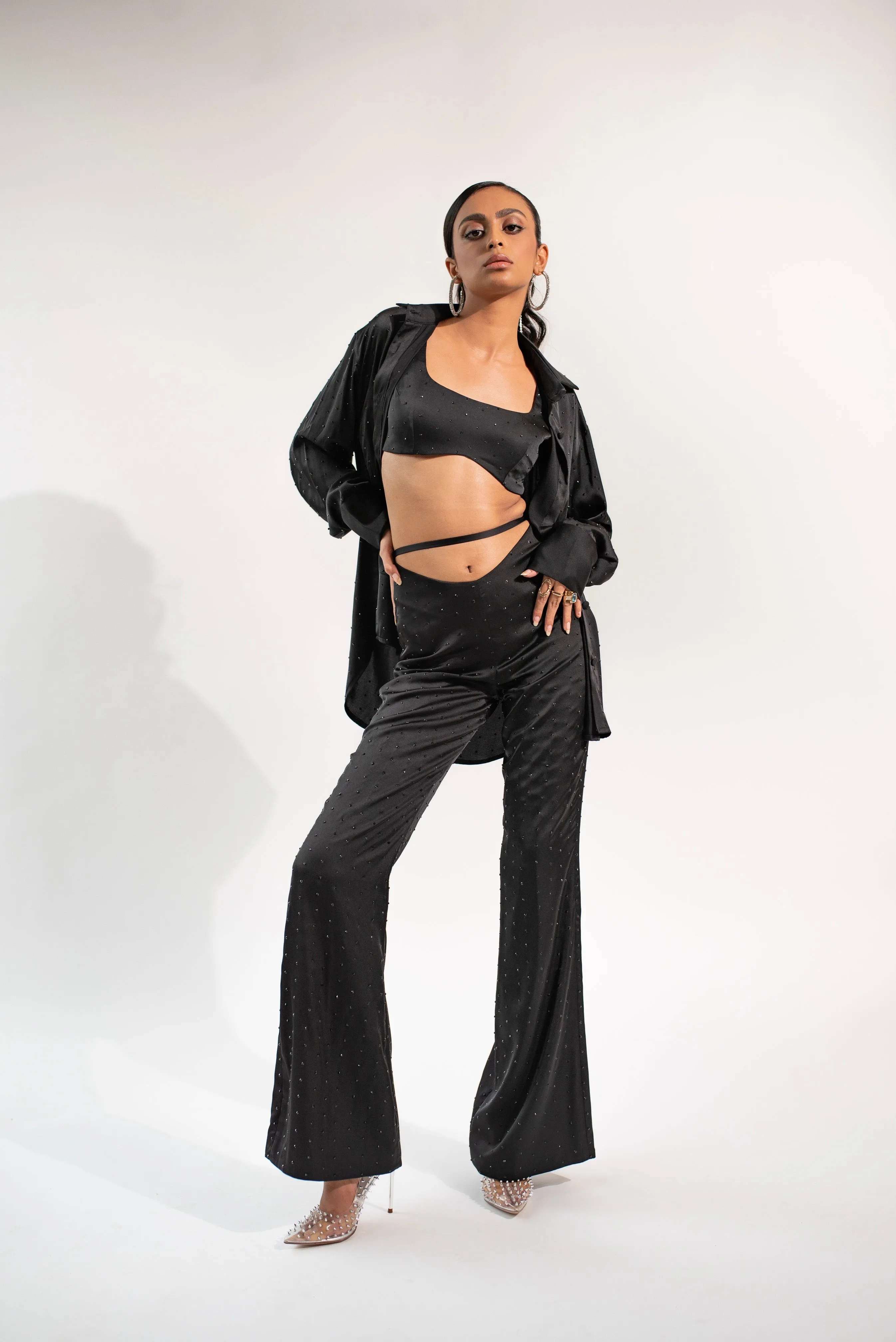 Bejewelled satin high-waisted trousers