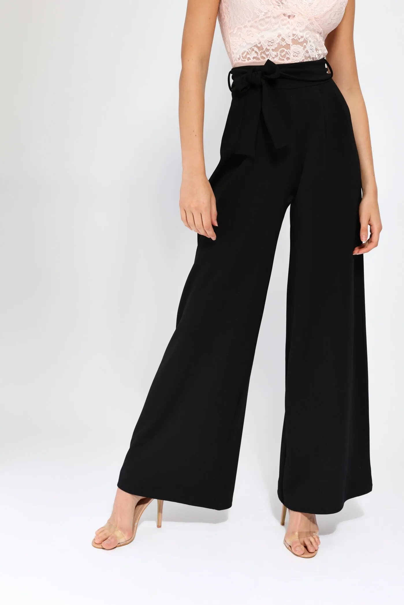 Black High Waisted Tie Front Trousers