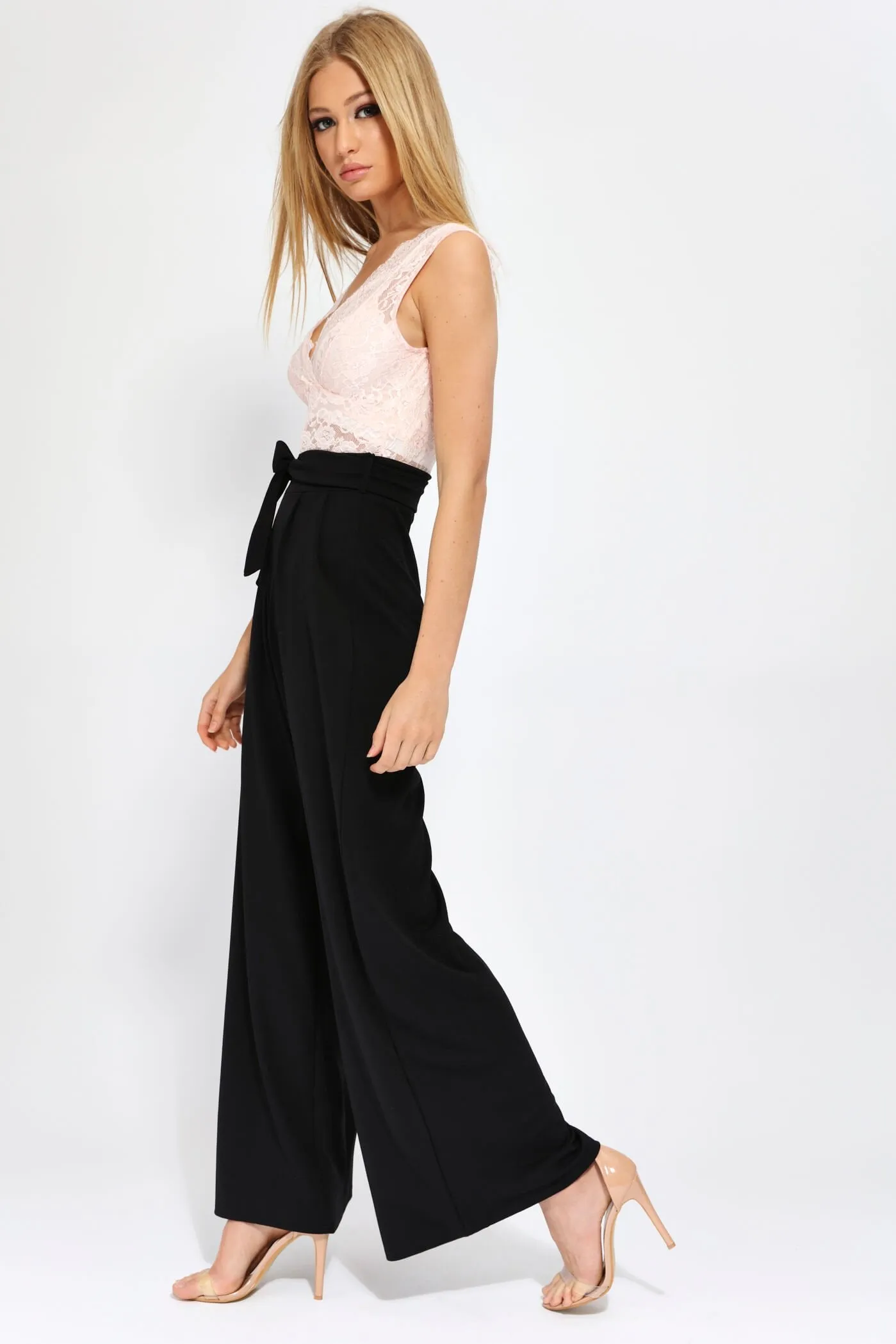 Black High Waisted Tie Front Trousers