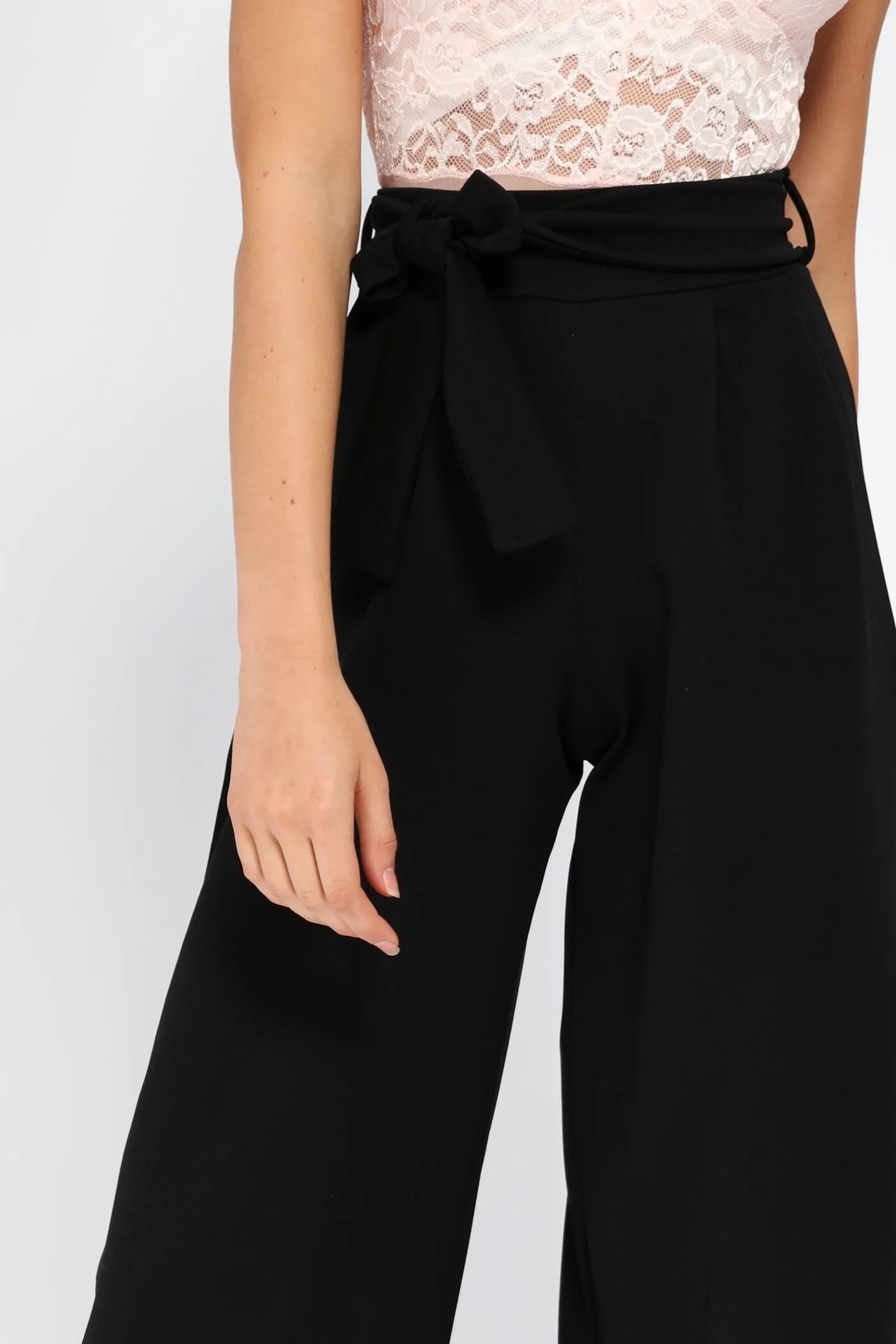 Black High Waisted Tie Front Trousers