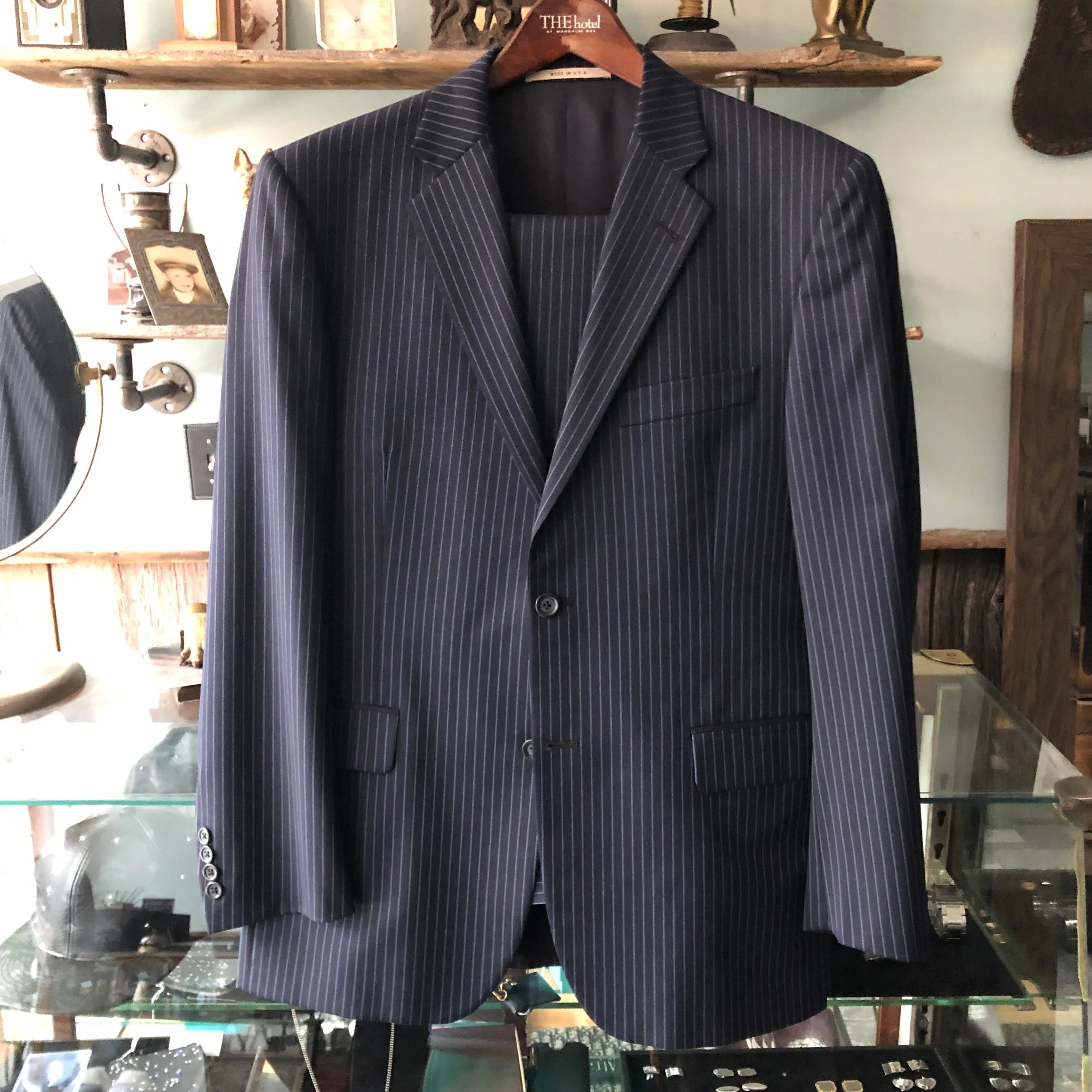 Burberry Navy and Light Blue Wool Pinstripe Suit - 40S