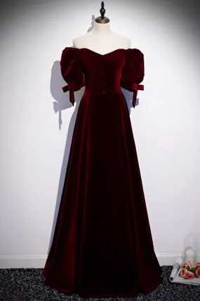 Burgundy Velvet Prom Dress with Bubble Sleeves