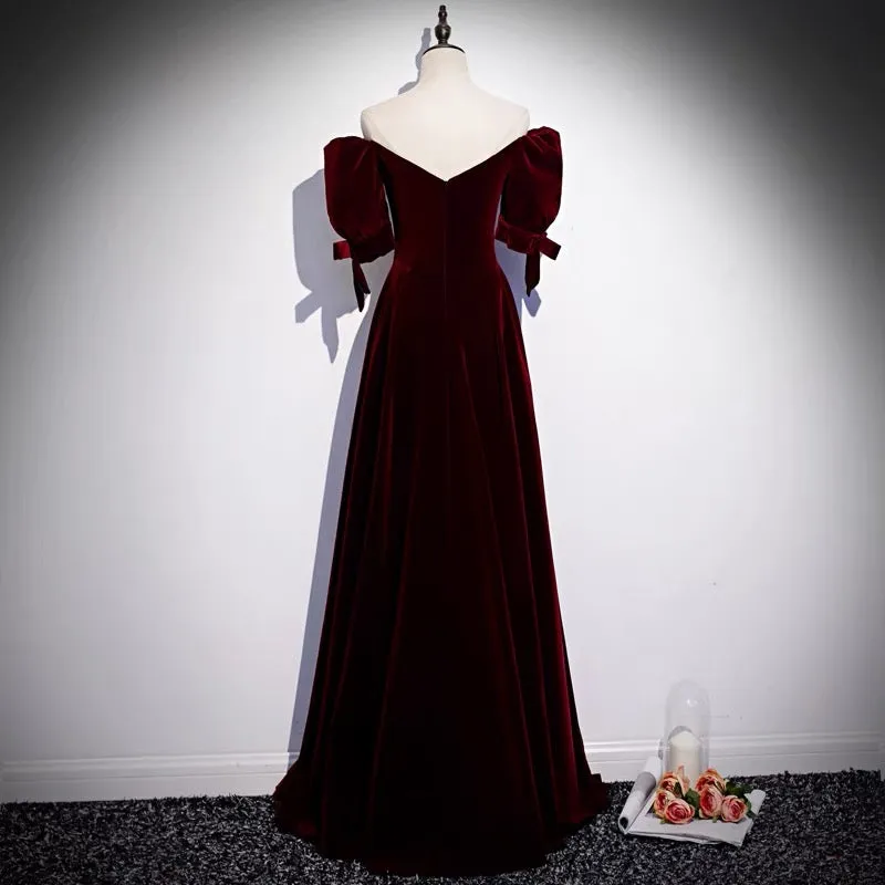 Burgundy Velvet Prom Dress with Bubble Sleeves