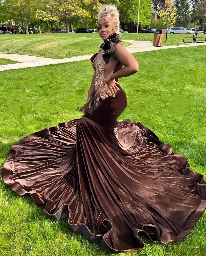 Chocolate Prom Dresses For Women Diamond Velvet Mermaid Party Gowns