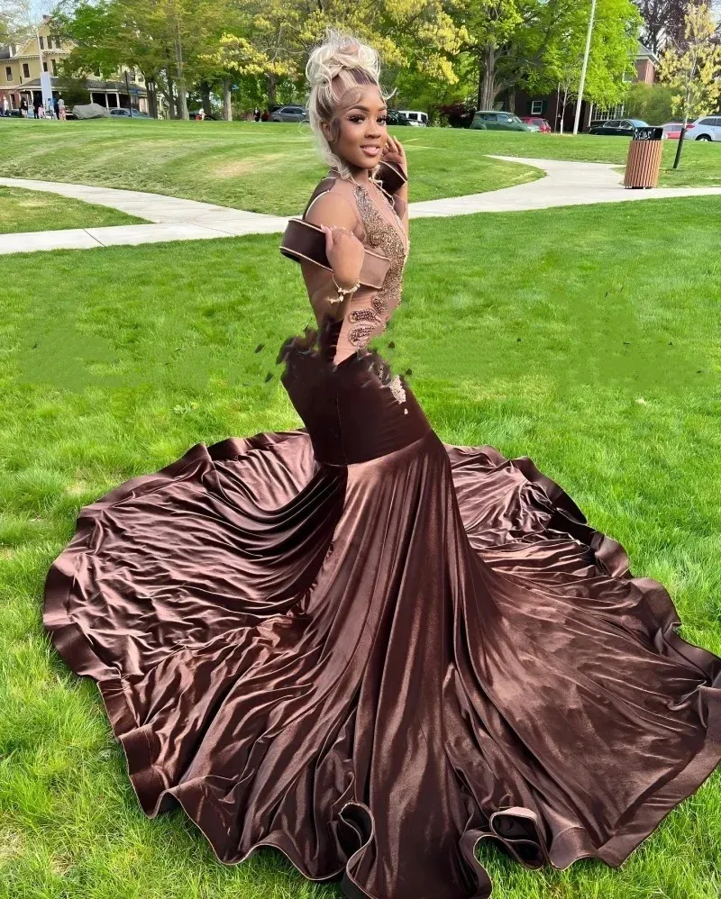 Chocolate Prom Dresses For Women Diamond Velvet Mermaid Party Gowns