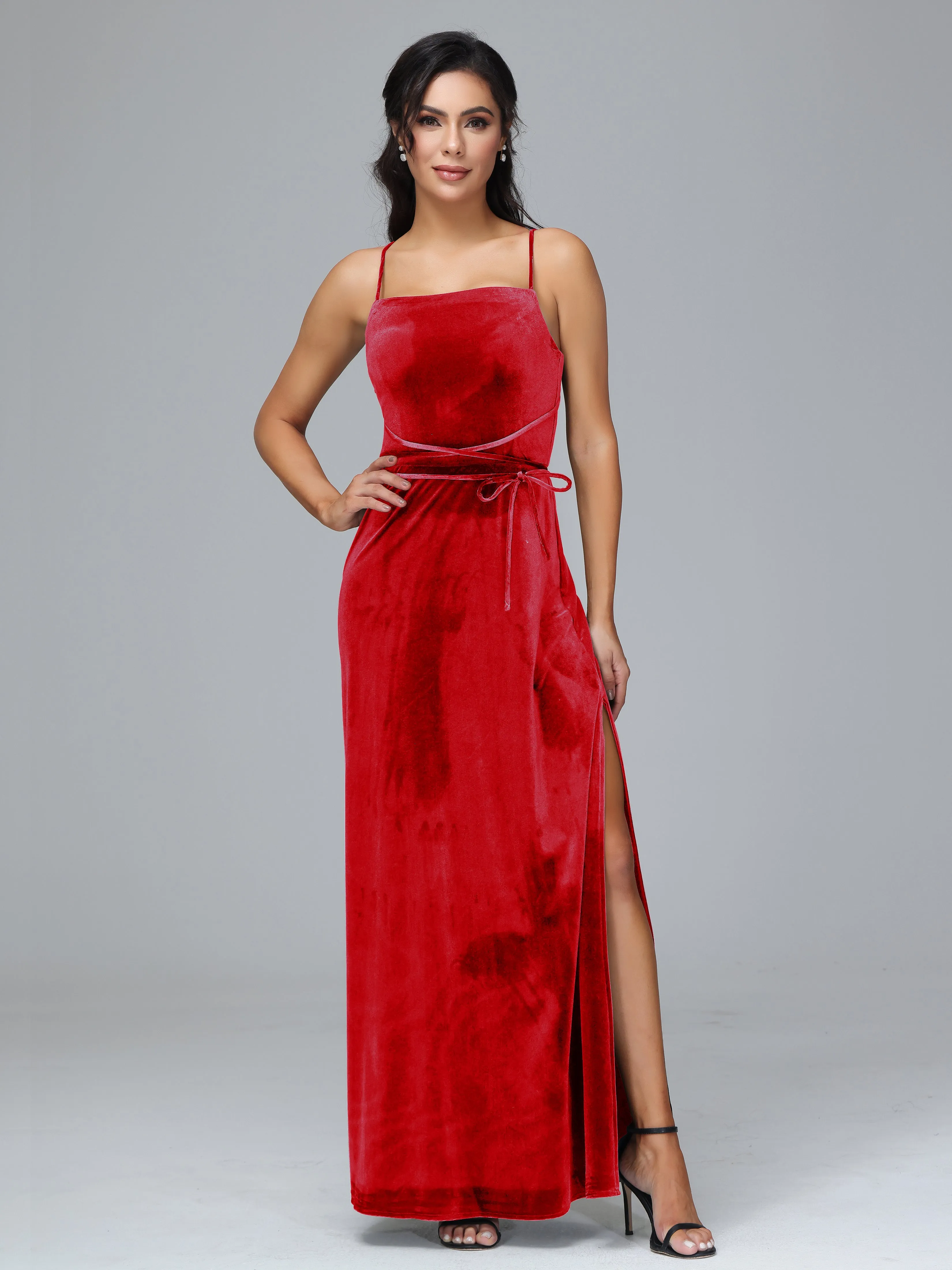 Column Spaghetti Straps Velvet Bridesmaid Dresses