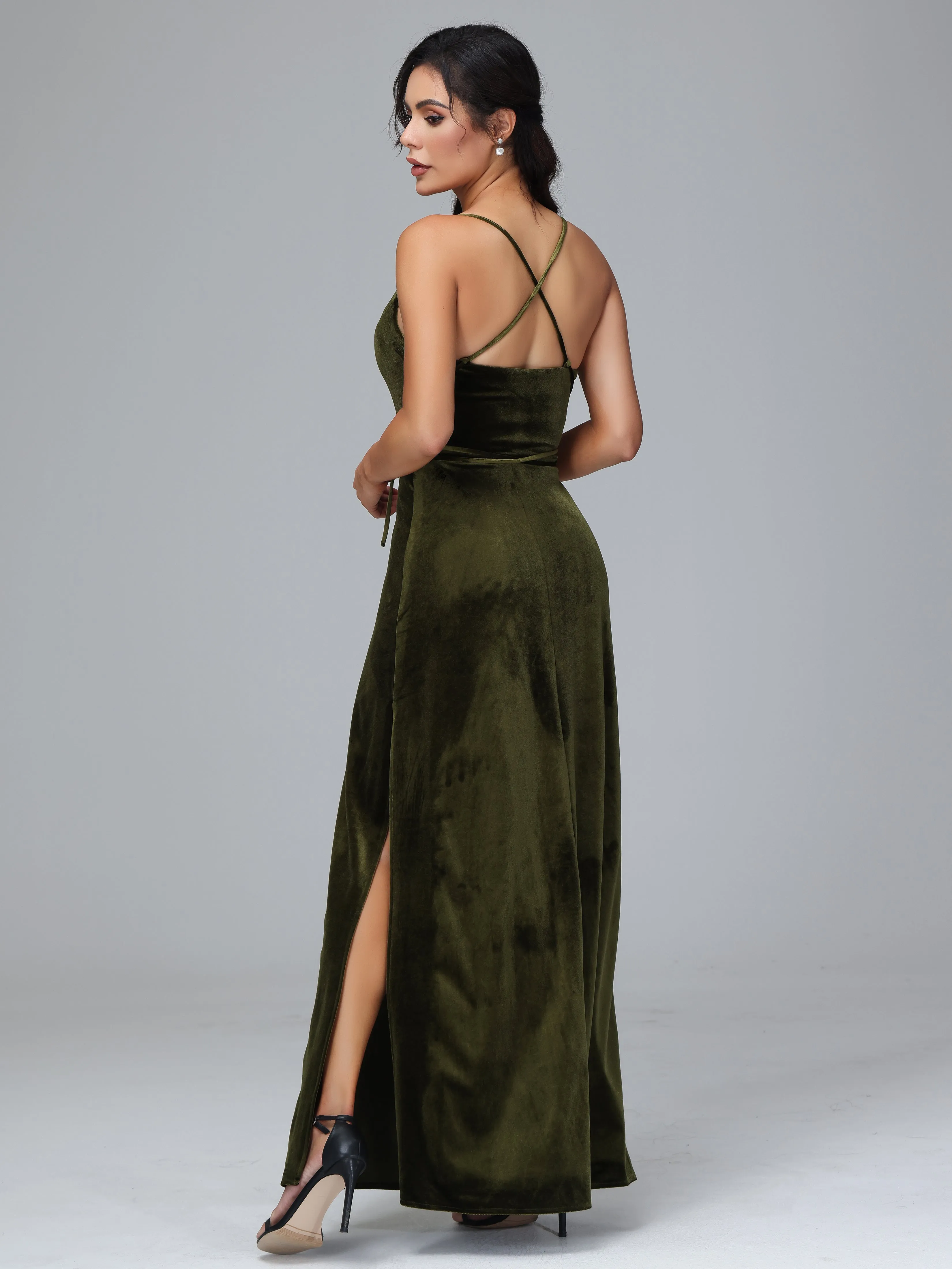 Column Spaghetti Straps Velvet Bridesmaid Dresses