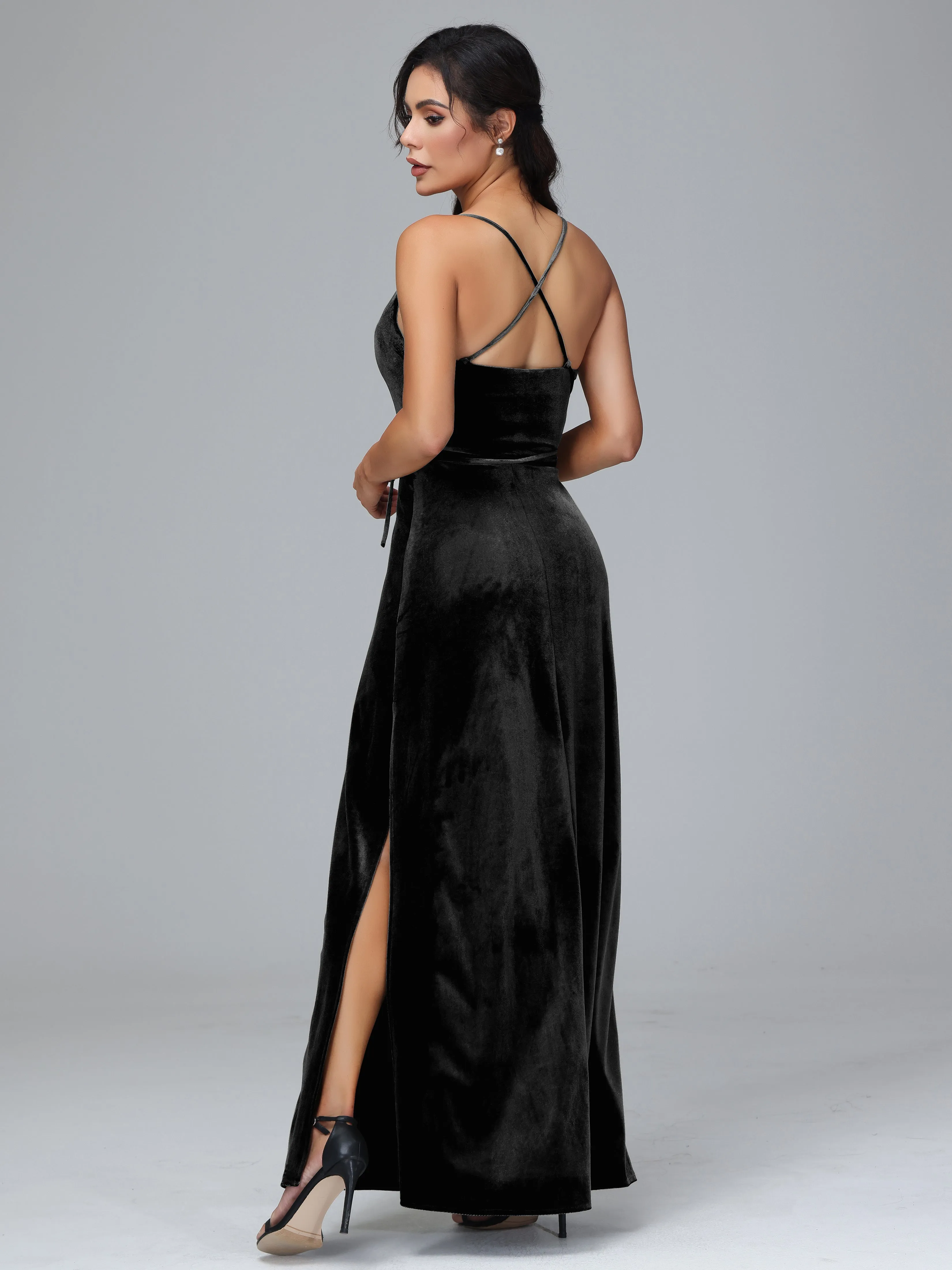 Column Spaghetti Straps Velvet Bridesmaid Dresses