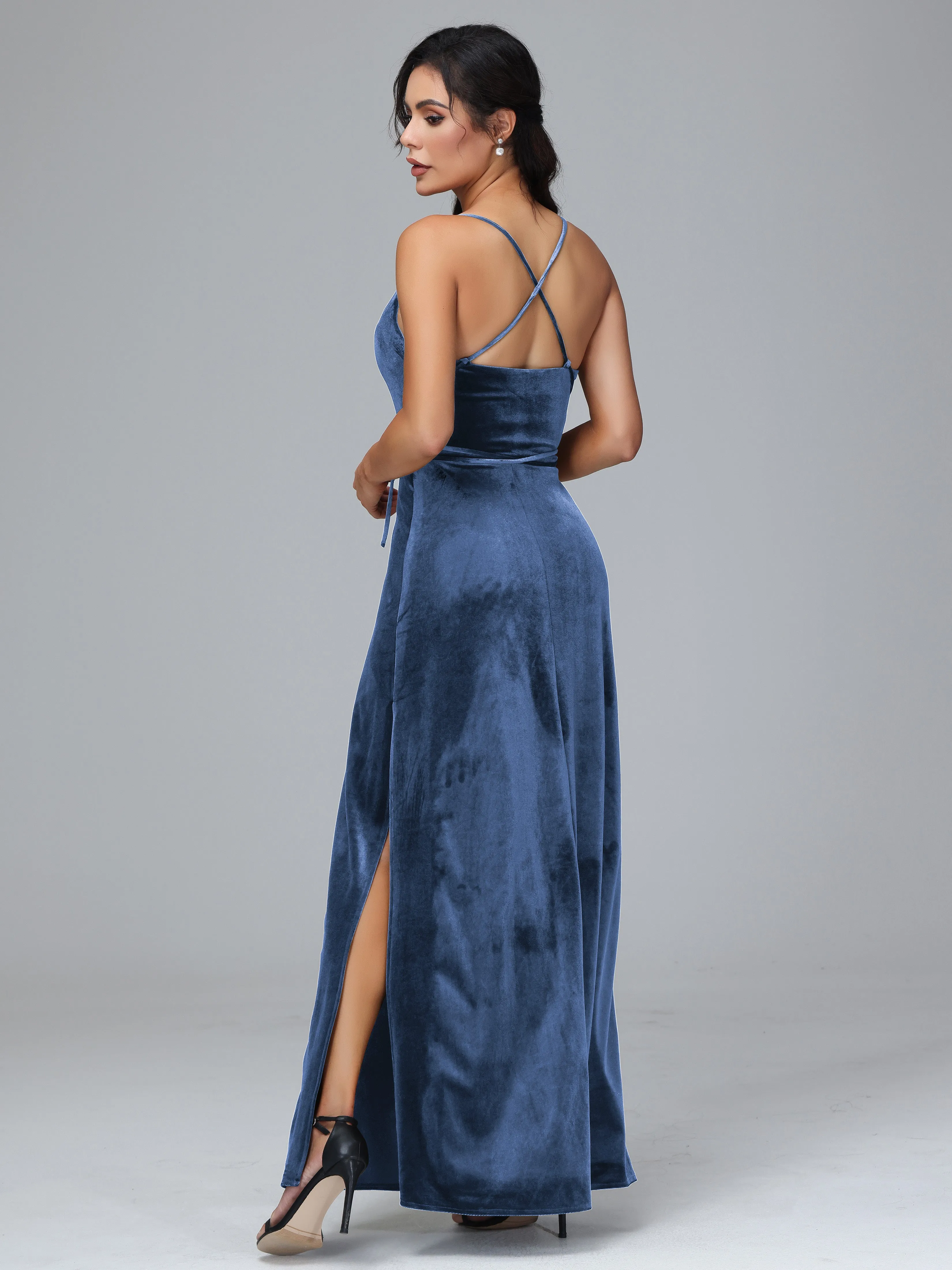 Column Spaghetti Straps Velvet Bridesmaid Dresses