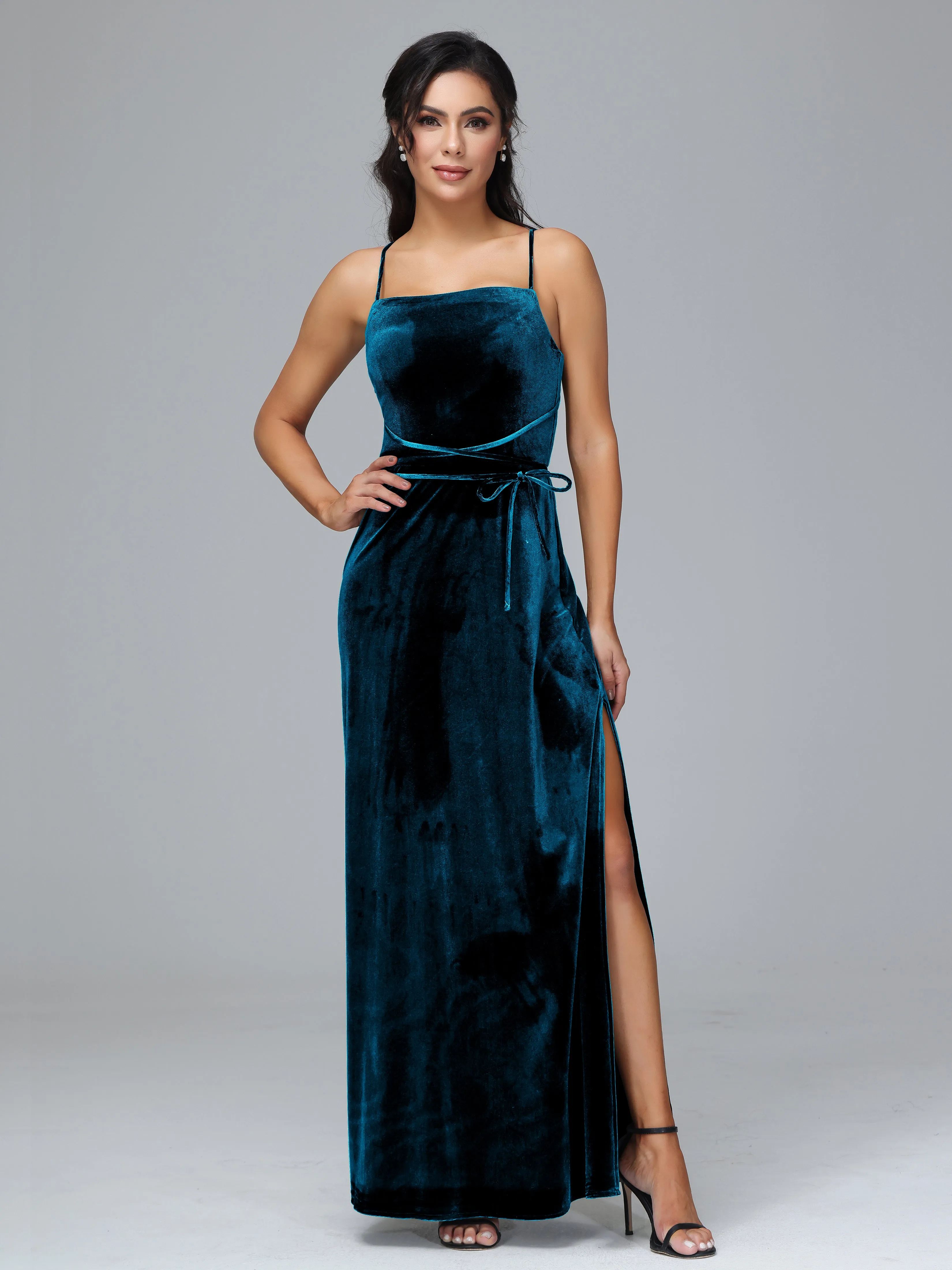 Column Spaghetti Straps Velvet Bridesmaid Dresses