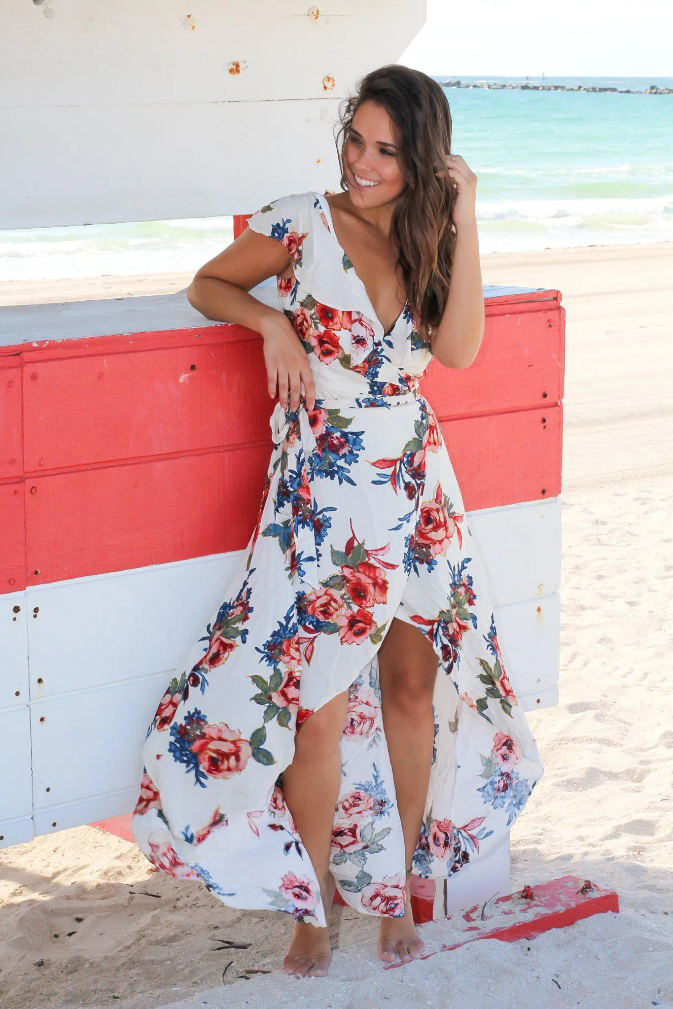 Cream Floral High Low Wrap Dress