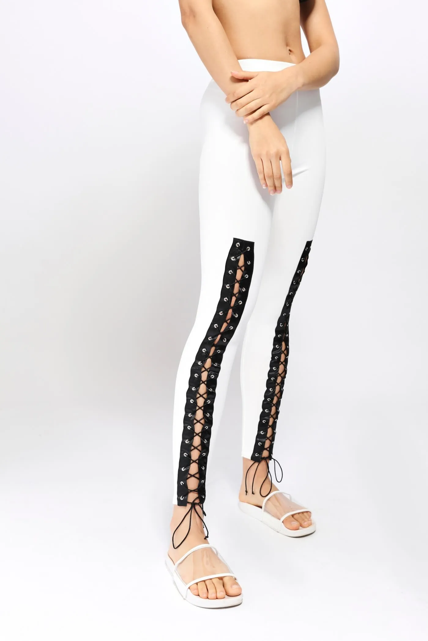 Cream Lace Up Front Leggings