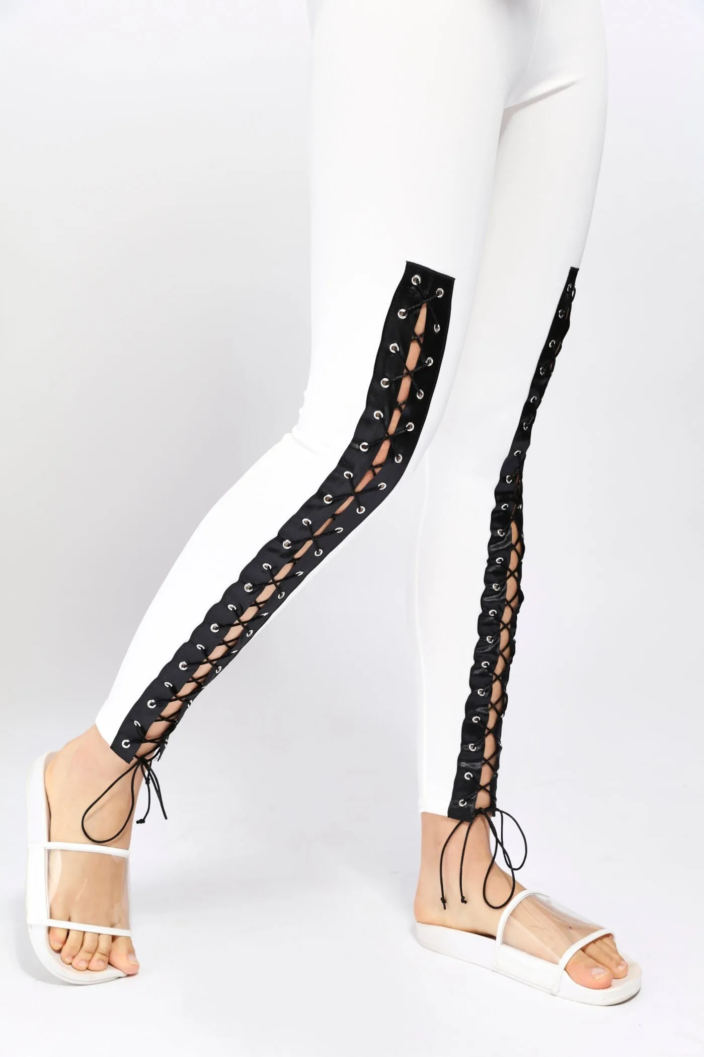 Cream Lace Up Front Leggings