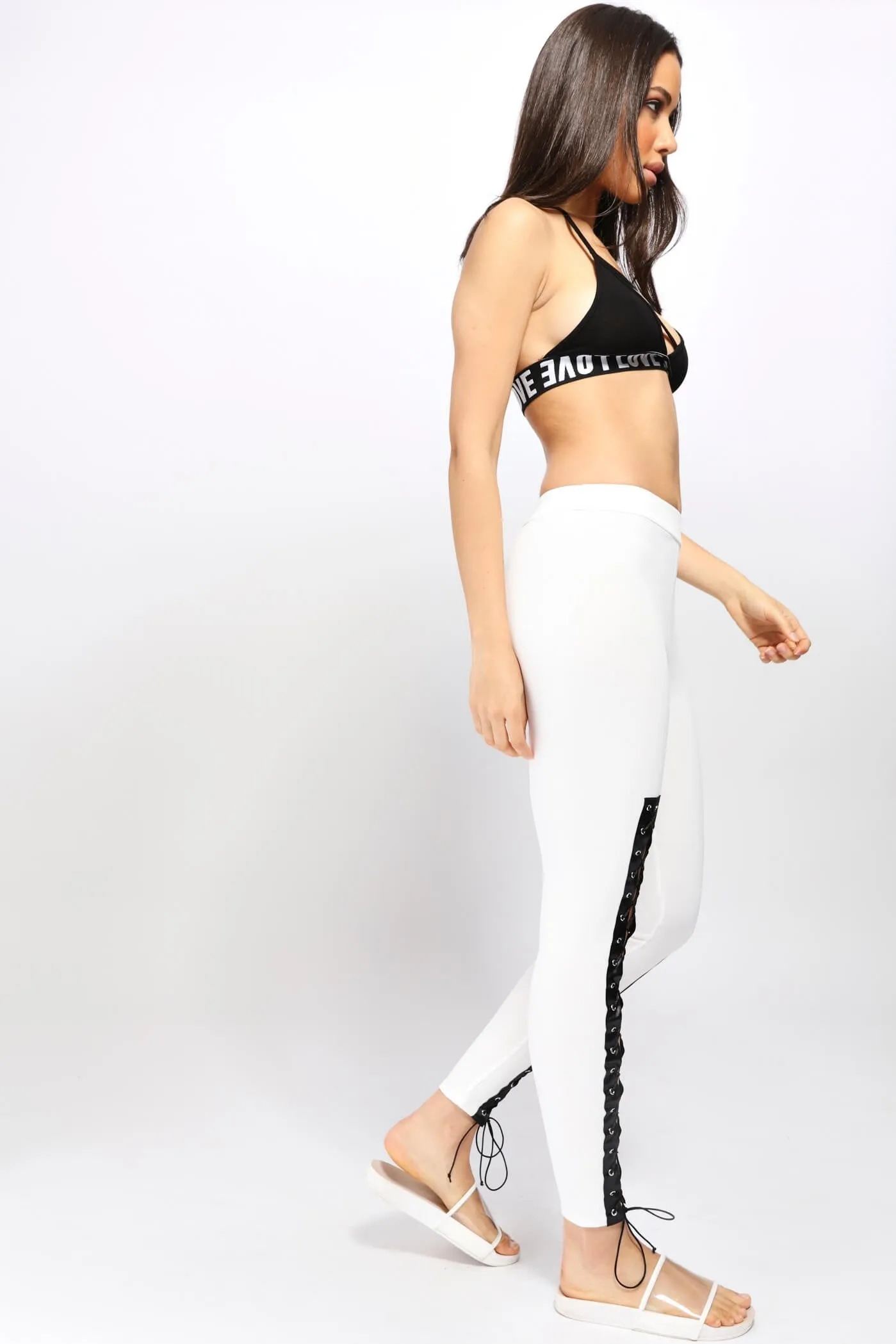 Cream Lace Up Front Leggings