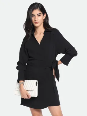 DL Woman V- Neck Regular Fit Solid Black Wrap Dress