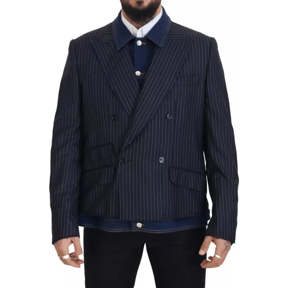 Dolce & Gabbana Blue Striped Double Breasted Denim Blazer