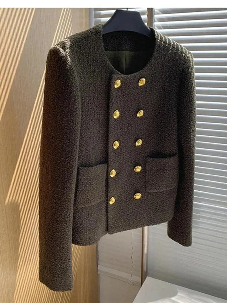 Double Breasted Women Cropped Tweed Jacket