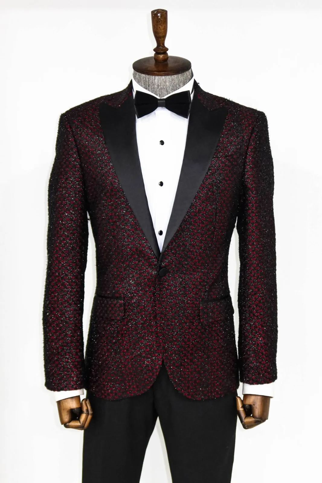 Fancy Custom Made Wine  Slim Jacket With Black Lapel