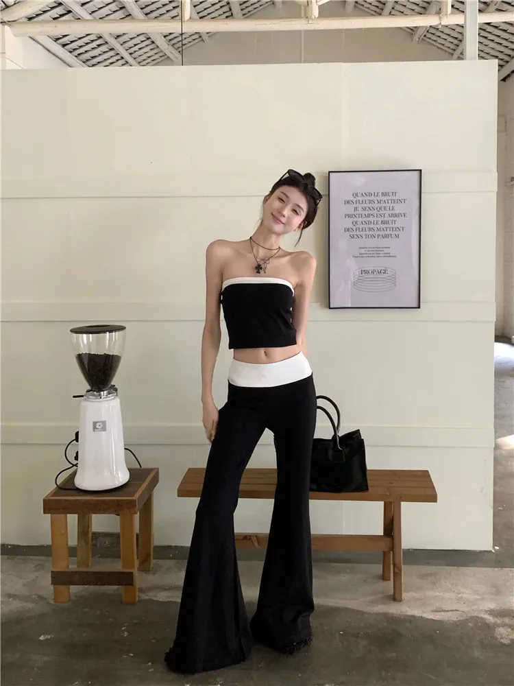 Girlary 2024 New Temperament Fashion Gyaru Set Women Summer Contrast Color Tube Top Vest Slightly Flared Trousers Two-piece Set Fashion