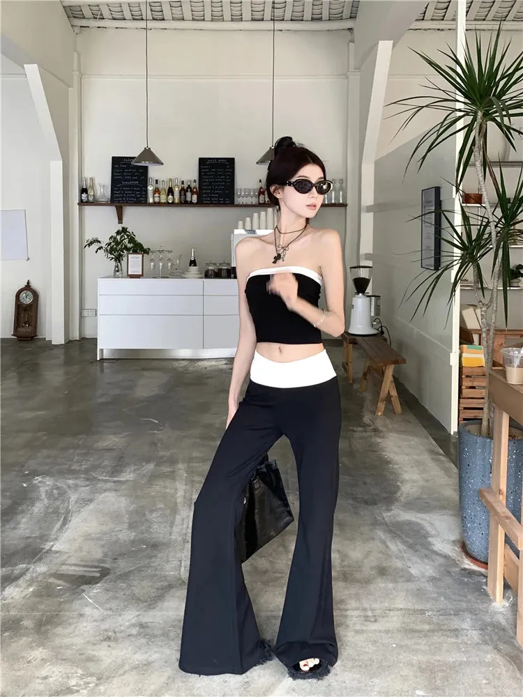 Girlary 2024 New Temperament Fashion Gyaru Set Women Summer Contrast Color Tube Top Vest Slightly Flared Trousers Two-piece Set Fashion