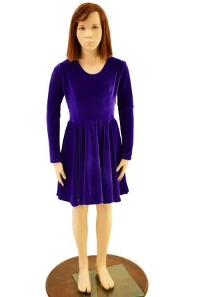 Girls Purple Velvet Long Sleeve Skater Dress