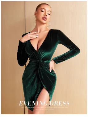 Green Velvet V-Neck Long Sleeve Draped Evening Mini Dress