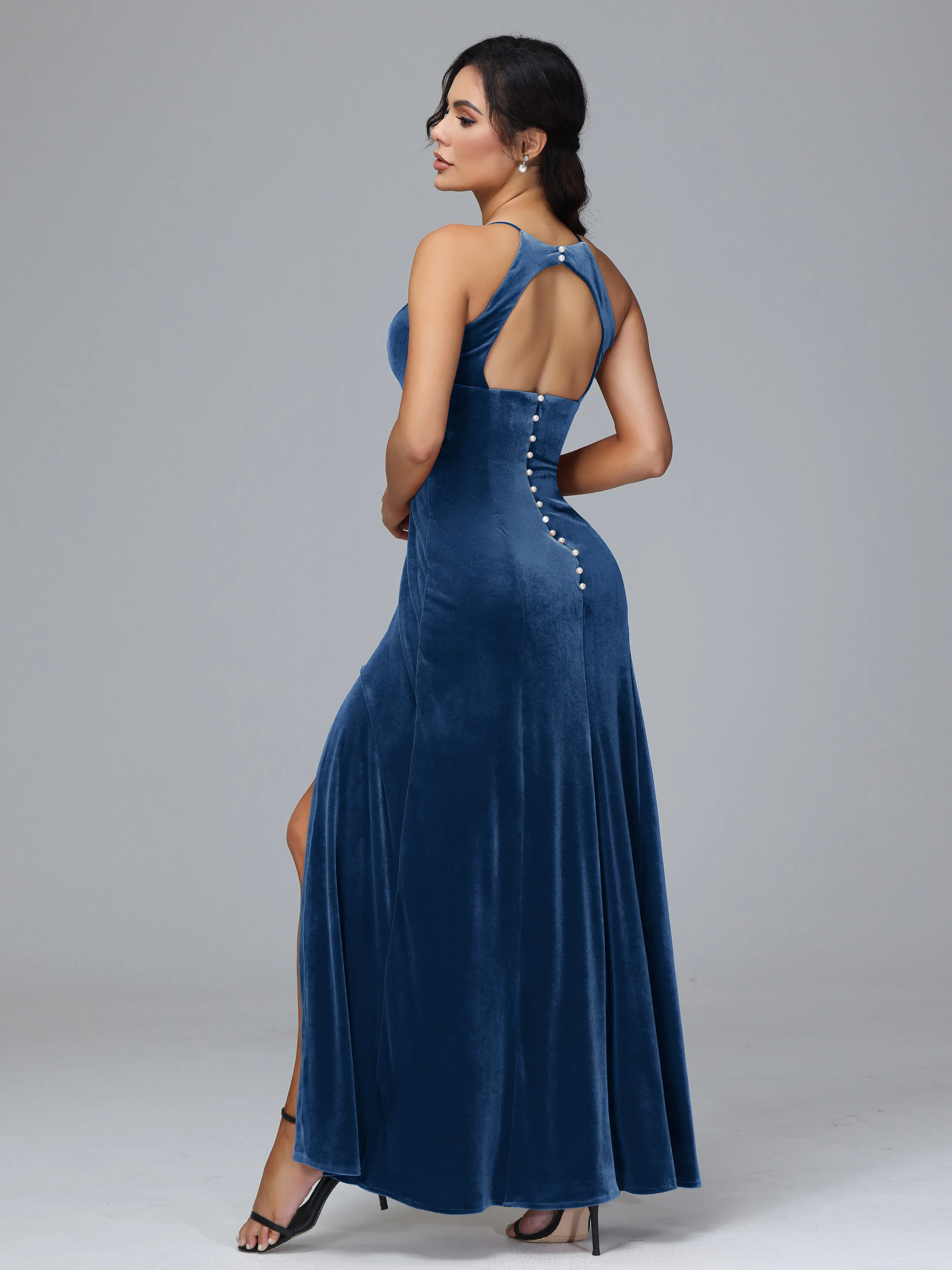 Halter Sleeveless Velvet Plus Size Bridesmaid Dresses With Split