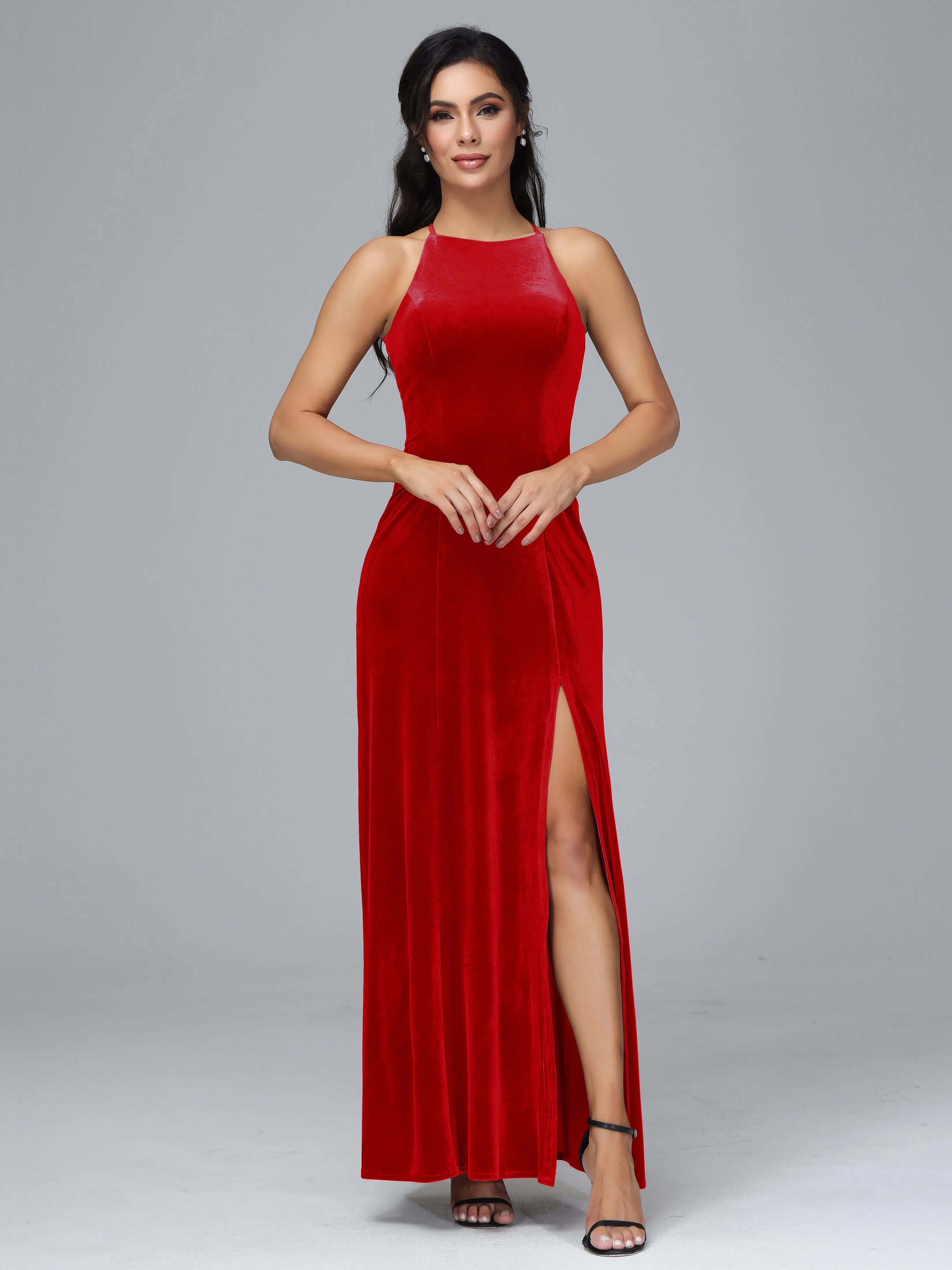 Halter Sleeveless Velvet Plus Size Bridesmaid Dresses With Split