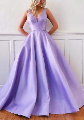 kamahe Ball Gown V Neck Sleeveless Satin Sweep Train Prom Dress