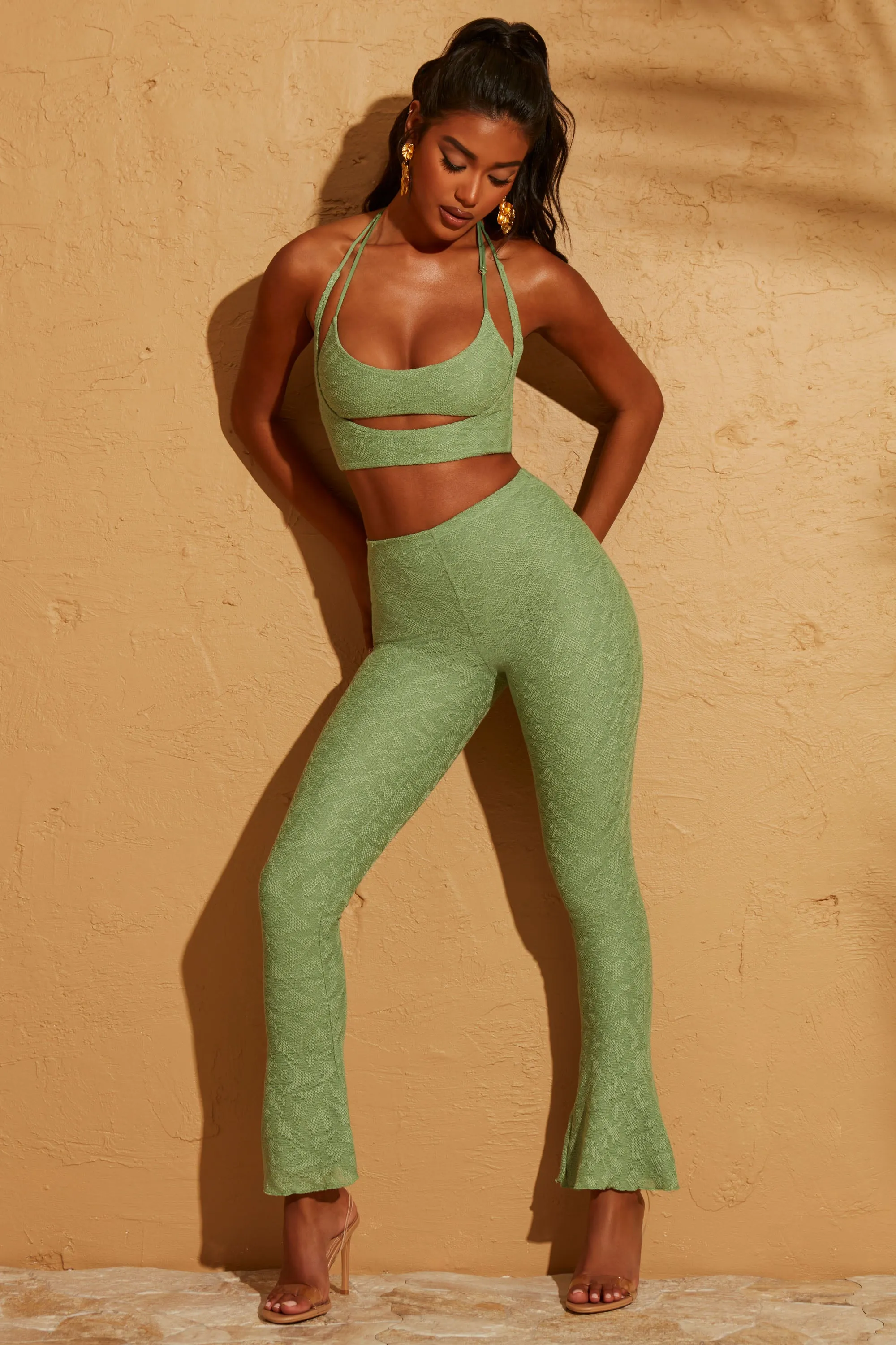 Lace Up Back Petite Trousers in Green