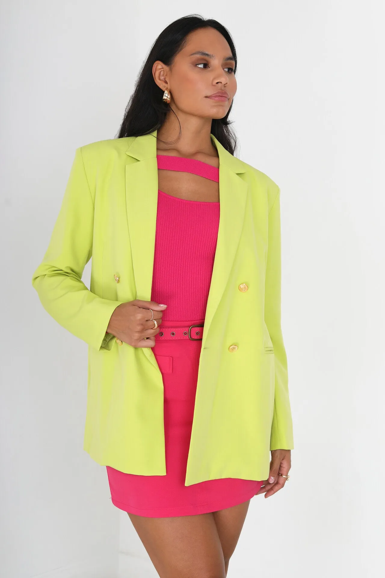 LIME DOUBLE BREASTED PADDED SHOULDER BLAZER