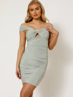 Lucy Slinky Ruched Wrap Front Bardot Dress In Sage Green