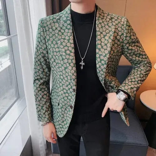 Luxury Men's Corduroy Flower Pattern Slim Fit Blazer Suit Jacket