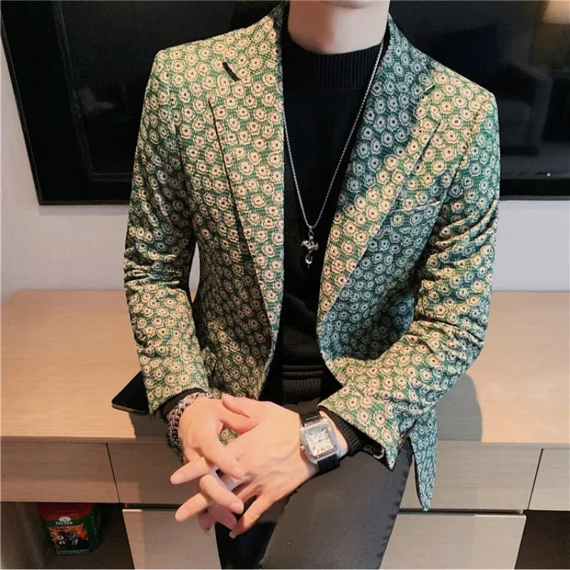 Luxury Men's Corduroy Flower Pattern Slim Fit Blazer Suit Jacket