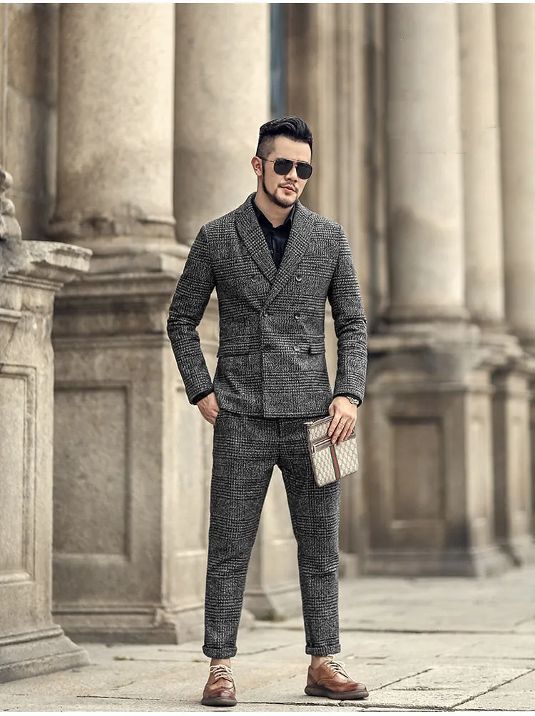 Men's Autumn/Winter European Style Slim Lattice Woolen Blazer