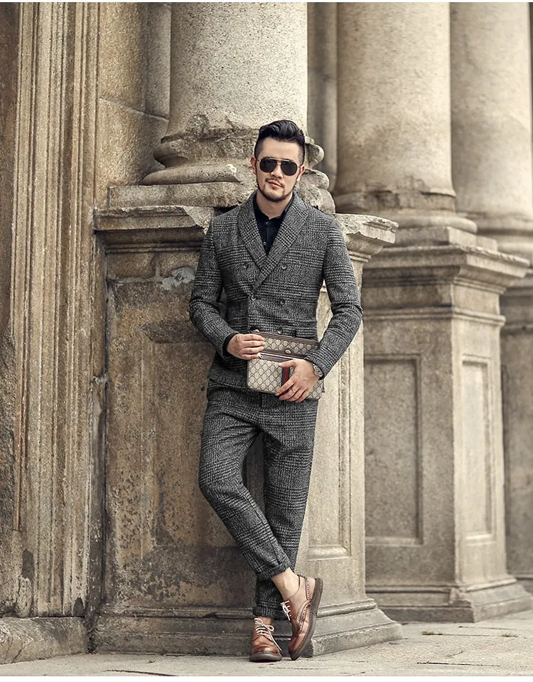 Men's Autumn/Winter European Style Slim Lattice Woolen Blazer