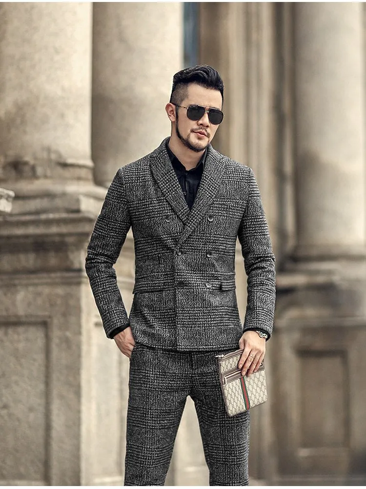 Men's Autumn/Winter European Style Slim Lattice Woolen Blazer