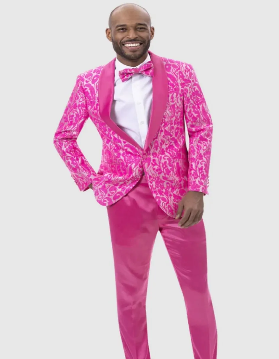 Mens Slim Fit Two Piece Brocade Paisely Prom Hot Pink Fuschia Tuxedo Pink Prom Tuxedos