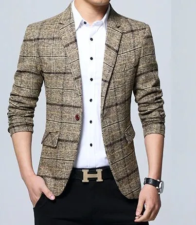 Men's Spring Casual Cotton Plaid Slim Blazer